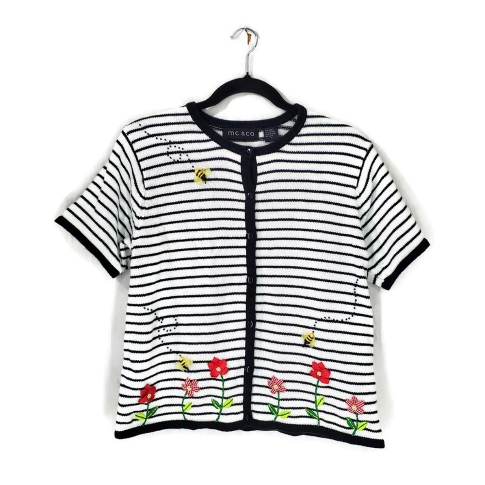 M.C. & CO. black and white crochet cardigan with ribbon flowers bees embroidered
